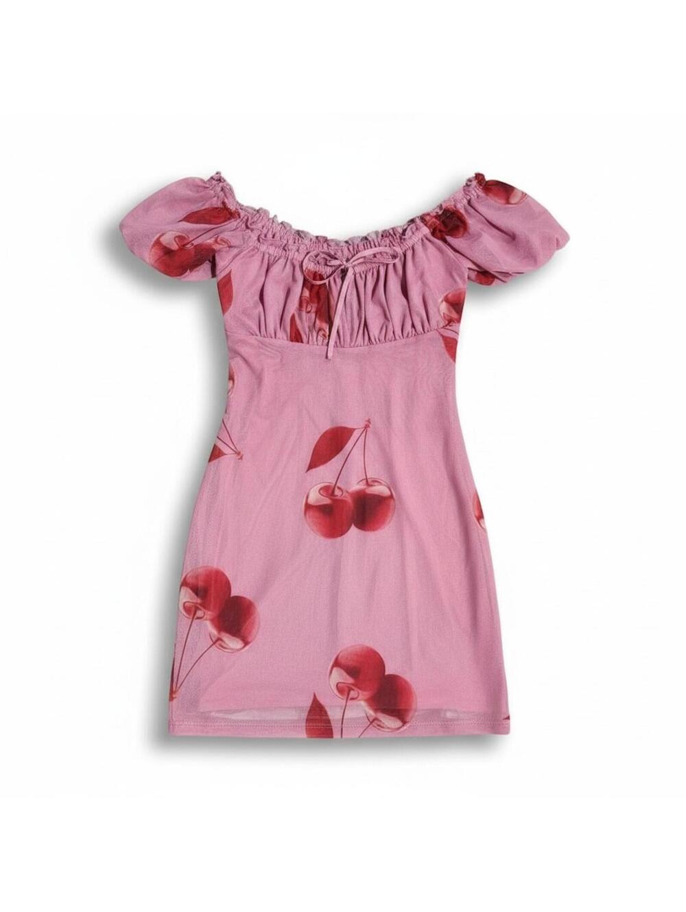 Cherry Print Pink Mini Dress Y2K Coquette Off Shoulder Mesh